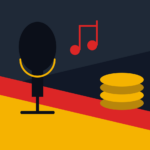 Ilustração de microfone, notas musicais e moedas de ouro, tema monetização de música em Angola