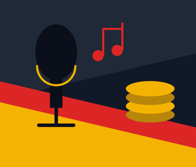 Ilustração de microfone, notas musicais e moedas de ouro, tema monetização de música em Angola