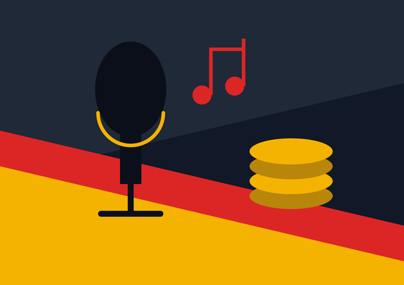 Ilustração de microfone, notas musicais e moedas de ouro, tema monetização de música em Angola